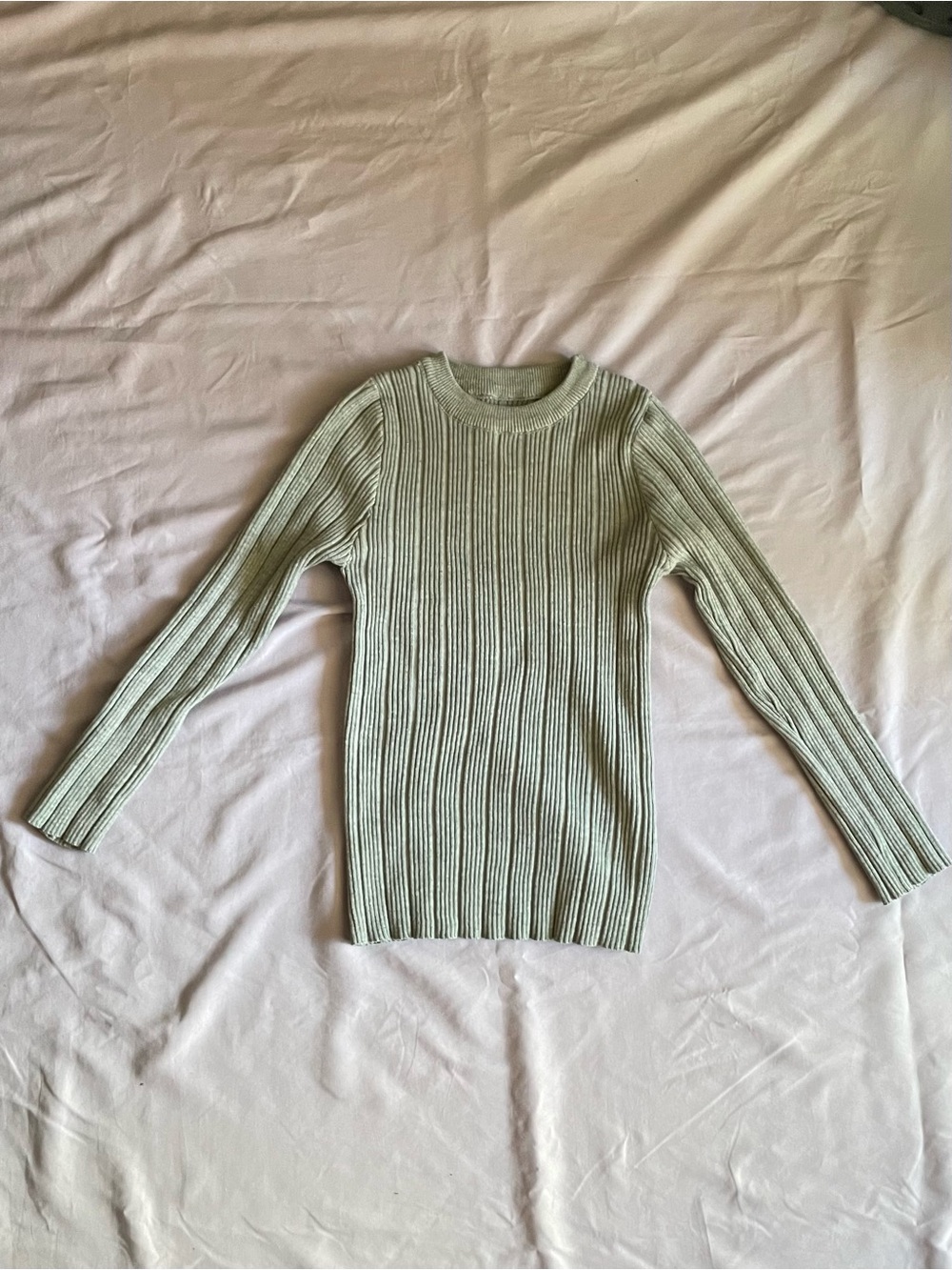 Grey Ribbed Knit Crewneck Sweater - Long Sleeve Fitted Stretch Top XS